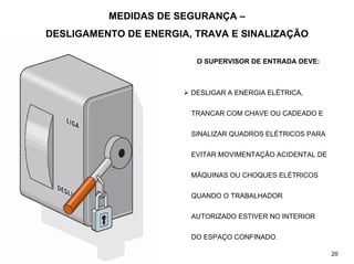 MEDIDAS DE SEGURANÇA –
DESLIGAMENTO DE ENERGIA, TRAVA E SINALIZAÇÃO
O SUPERVISOR DE ENTRADA DEVE:
¾ DESLIGAR A ENERGIA ELÉTRICA,
TRANCAR COM CHAVE OU CADEADO E
SINALIZAR QUADROS ELÉTRICOS PARA
EVITAR MOVIMENTAÇÃO ACIDENTAL DE
MÁQUINAS OU CHOQUES ELÉTRICOS
QUANDO O TRABALHADOR
AUTORIZADO ESTIVER NO INTERIOR
DO ESPAÇO CONFINADO.
20
 