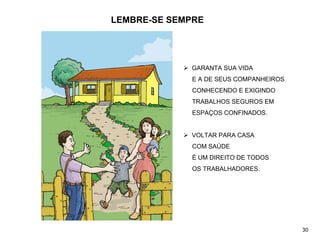 LEMBRE-SE SEMPRE
¾ GARANTA SUA VIDA
E A DE SEUS COMPANHEIROS
CONHECENDO E EXIGINDO
TRABALHOS SEGUROS EM
ESPAÇOS CONFINADOS.
¾ VOLTAR PARA CASA
COM SAÚDE
É UM DIREITO DE TODOS
OS TRABALHADORES.
30
 