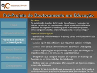Tema Enquadramento Problema e objetivos da Investigação Campo Teórico Cronograma Pré-Projeto de Doutoramento em Educação Metodologia Objetivos da investigação: Identificar as potencialidades do e-learning para a formação contínua dos professores; Analisar o perfil dos professores que frequentam ações de formação  Analisar o que os leva a frequentar ações de formação (motivações) Analisar as percepções dos professores sobre o grau de satisfação e o impacto destas ações de formação na sua prática lectiva Perspetivar o que se espera de ações em regime de b/e-learning e os factores a ter em conta neste tipo de metodologia Reflectir sobre as semelhanças e diferenças entre as duas metodologias: presencial e a distância Elaborar linhas de orientação para a conceção de cursos de formação a distância destinadas aos Centros de Formação de Associação de Escolas. Problema: Na substituição de ações de formação de professores realizadas nos moldes tradicionais em regime presencial por outras necessariamente diferentes em regime de b/e-learning quais os factores que poderão influenciar positivamente a implementação desta nova metodologia?  