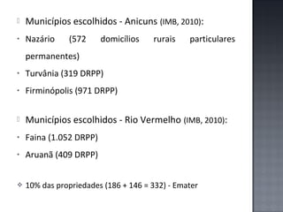 

Municípios escolhidos - Anicuns (IMB, 2010):

•

Nazário

(572

domicílios

rurais

particulares

permanentes)
•

Turvânia (319 DRPP)

•

Firminópolis (971 DRPP)



Municípios escolhidos - Rio Vermelho (IMB, 2010):

•

Faina (1.052 DRPP)

•

Aruanã (409 DRPP)



10% das propriedades (186 + 146 = 332) - Emater

 