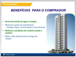 Processo AQUA
PRO
Departamento de Engenharia
de Produção
Fundação
Vanzolini
 Economia direta de água e energia
 Menores custos de condomínio
- energia, água, conservação e manutenção
 Melhores condições de conforto saúde e
estética
 Maior valor patrimonial ao longo do
tempo
BENEFÍCIOS PARA O COMPRADOR
 