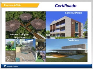Processo AQUA
PRO
Departamento de Engenharia
de Produção
Fundação
Vanzolini
Certificado
Parque Ecológico
Imigrantes
Sukyo Mahikari
Credicitrus
 
