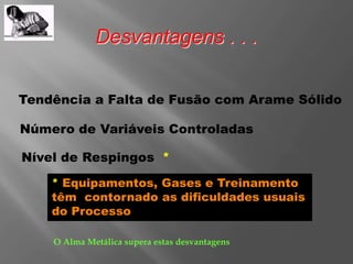 Desvantagens . . .
Tendência a Falta de Fusão com Arame Sólido
Número de Variáveis Controladas
Nível de Respingos *
* Equipamentos, Gases e Treinamento
têm contornado as dificuldades usuais
do Processo
O Alma Metálica supera estas desvantagens
 