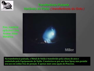 Transferência Pulsada
Variáveis do Pulso ( transferência da Gota )
Na transferência pulsada, o Metal de Solda é transferido pela coluna do arco e
controlado pelo Equipamento de Solda. Caracteriza-se por um Arco Spray mas permite
seu uso em soldas fora de posição. É apenas mais uma opção do Processo.
Sim, também
aplicável com
Arame Alma
Metálica.
 