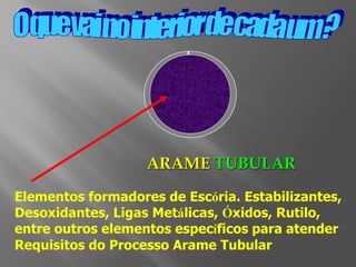 ARAME TUBULAR
Elementos formadores de Escória. Estabilizantes,
Desoxidantes, Ligas Metálicas, Óxidos, Rutilo,
entre outros elementos específicos para atender
Requisitos do Processo Arame Tubular
 