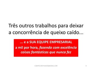 Três outros trabalhos para deixar
a concorrência de queixo caído...
... e a SUA EQUIPE EMPRESARIAL
a mil por hora, fazendo com excelência
coisas fantásticas que nunca fez
ELBERTO.MOTIVADOR@GMAIL.COM 8
 