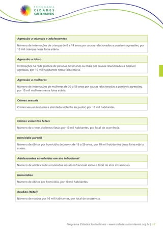 17Programa Cidades Sustentáveis - www.cidadessustentaveis.org.br |
Agressão a mulheres
Número de internações de mulheres de 20 a 59 anos por causas relacionadas a possíveis agressões,
por 10 mil mulheres nessa faixa etária.
Crimes sexuais
Crimes sexuais (estupro e atentado violento ao pudor) por 10 mil habitantes.
Homicídio juvenil
Número de óbitos por homicídio de jovens de 15 a 29 anos, por 10 mil habitantes dessa faixa etária
e sexo.
Adolescentes envolvidos em ato infracional
Número de adolescentes envolvidos em ato infracional sobre o total de atos infracionais.
Crimes violentos fatais
Número de crimes violentos fatais por 10 mil habitantes, por local de ocorrência.
Agressão a idoso
Internações na rede pública de pessoas de 60 anos ou mais por causas relacionadas a possível
agressão, por 10 mil habitantes nessa faixa etária.
Agressão a crianças e adolescentes
Número de internações de crianças de 0 a 14 anos por causas relacionadas a possíveis agressões, por
10 mil crianças nessa faixa etária.
Homicídios
Número de óbitos por homicídio, por 10 mil habitantes.
Roubos (total)
Número de roubos por 10 mil habitantes, por local de ocorrência.
 