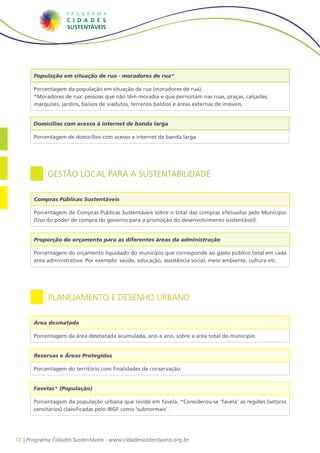 18 | Programa Cidades Sustentáveis - www.cidadessustentaveis.org.br
Gestão Local para a Sustentabilidade
Compras Públicas Sustentáveis
Porcentagem de Compras Públicas Sustentáveis sobre o total das compras efetuadas pelo Município
(Uso do poder de compra do governo para a promoção do desenvolvimento sustentável).
Proporção do orçamento para as diferentes áreas da administração
Porcentagem do orçamento liquidado do município que corresponde ao gasto público total em cada
área administrativa. Por exemplo: saúde, educação, assistência social, meio ambiente, cultura etc.
Área desmatada
Porcentagem da área desmatada acumulada, ano a ano, sobre a área total do município.
Planejamento e Desenho Urbano
Reservas e Áreas Protegidas
Porcentagem do território com finalidades de conservação.
Favelas* (População)
Porcentagem da população urbana que reside em favela. *Considerou-se 'favela' as regiões (setores
censitários) classificadas pelo IBGE como 'subnormais'.
População em situação de rua - moradores de rua*
Porcentagem da população em situação de rua (moradores de rua).
*Moradores de rua: pessoas que não têm moradia e que pernoitam nas ruas, praças, calçadas,
marquises, jardins, baixos de viadutos, terrenos baldios e áreas externas de imóveis.
Domicílios com acesso à internet de banda larga
Porcentagem de domicílios com acesso a internet de banda larga.
 