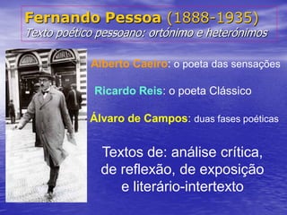 Fernando Pessoa (1888-1935)
Texto poético pessoano: ortónimo e heterónimos

            Alberto Caeiro: o poeta das sensações

             Ricardo Reis: o poeta Clássico

            Álvaro de Campos: duas fases poéticas


              Textos de: análise crítica,
              de reflexão, de exposição
                 e literário-intertexto
 