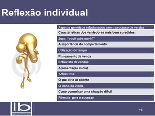 Reflexão individual
            Aspetos genéricos relacionados com o processo de vendas
            Características dos vendedores mais bem sucedidos
            Jogo: “você sabe ouvir?”
            A importância do comportamento




              13
            Utilização do tempo
            Planeamento da venda
            Entrevista de vendas     Temas
            Apresentação inicial
            O labirinto
            O que diria ao cliente
            O fecho da venda
            Como comunicar uma situação difícil
            Fórmula para o sucesso



                                                                19
 