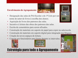 Estratégia para todo o Agrupamento 
Envolvimento do Agrupamento 
•Designação das salas do Pré-Escolar e do 1ºCiclo por um 
nome de autor de livros à escolha dos alunos. 
•Aquisição de livros dos patronos das salas. 
•Incentivo à leitura das obras dos patronos das salas. 
•Escrita de comentários para serem afixados. 
•Construção de materiais em suporte de papel para expor na sala/escola. 
•Construção de materiais em suporte digital para integração nos blogues. 
•Criação de novos espaços de leitura. 
•Convite aos funcionários para lerem durante os intervalos. 
 