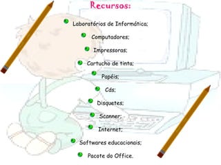 Recursos: Laboratórios de Informática; Computadores; Impressoras; Cartucho de tinta; Papéis; Cds; Disquetes; Scanner; Internet; Softwares educacionais; Pacote do Office. 