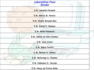 E.M. Nancy de Freitas Rolim E.M. Nakamure K. Aiacyda E.M. Mufarrege S. Chamma E.M. Moacyr A. Santos E.M. Inácio Pereira E.M. José Arnoni E.M. Idalina da Silva Cardoso E.M. Guido Pisaneschi E.M. Edméa I. Chamma E.M. Diomar Miranda Boni E.M. Márcia M. Pereira E.M. Armando Pavanelli Laboratórios Fixos Escolas 