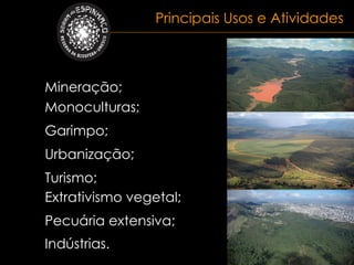 Principais Usos e Atividades



Mineração;
Monoculturas;
Garimpo;
Urbanização;
Turismo;
Extrativismo vegetal;
Pecuária extensiva;
Indústrias.
 
