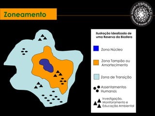 Zoneamento

             Ilustração Idealizada de
             uma Reserva da Biosfera



                Zona Núcleo


                Zona Tampão ou
                Amortecimento


                Zona de Transição

                Assentamentos
                Humanos

                 Investigação,
                 Monitoramento e
                 Educação Ambiental
 