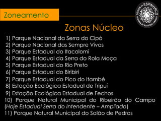 Zoneamento
                   Zonas Núcleo
 1) Parque Nacional da Serra do Cipó
 2) Parque Nacional das Sempre Vivas
 3) Parque Estadual do Itacolomi
 4) Parque Estadual da Serra do Rola Moça
 5) Parque Estadual do Rio Preto
 6) Parque Estadual do Biribiri
 7) Parque Estadual do Pico do Itambé
 8) Estação Ecológica Estadual de Tripuí
 9) Estação Ecológica Estadual de Fechos
10) Parque Natural Municipal do Ribeirão do Campo
(Hoje Estadual Serra do Intendente – Ampliado)
11) Parque Natural Municipal do Salão de Pedras
 