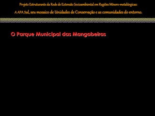 Projeto Estruturante da Rede de Extensão Socioambiental em Regiões Mínero-metalúrgicas:
 A APA Sul, seu mosaico de Unidades de Conservação e as comunidades do entorno.




O Parque Municipal das Mangabeiras
 