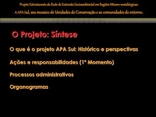 Projeto Estruturante da Rede de Extensão Socioambiental em Regiões Mínero-metalúrgicas:
  A APA Sul, seu mosaico de Unidades de Conservação e as comunidades do entorno.




O Projeto: Síntese
O que é o projeto APA Sul: Histórico e perspectivas

Ações e responsabilidades (1º Momento)

Processos administrativos

Organogramas
 