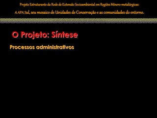 Projeto Estruturante da Rede de Extensão Socioambiental em Regiões Mínero-metalúrgicas:
  A APA Sul, seu mosaico de Unidades de Conservação e as comunidades do entorno.




O Projeto: Síntese
Processos administrativos
 