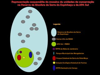 Representação esquemátita do mosaico de unidades de conservação
    na Reserva da Biosfera da Serra do Espinhaço e da APA Sul




                               Legenda:



                                   Reserva da Biosfera da Serra
                                   do Espinhaço

                                  Outras UCs da RBSE


                                  APA Sul - RMBH

                                 RPPN da Mata do Jambreiro

                                  Parque Municipal das Mangabeiras

                                  Parque Estadual da Serra do Rola-Moça

                                 Estação Ecológica Estadual de Fechos


                                 RPPN Santuário do Caraça
 