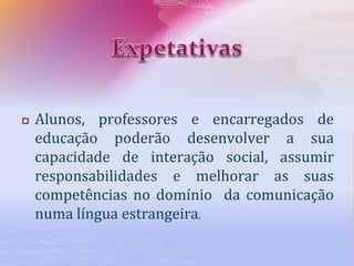  Alunos, professores e encarregados de
educação poderão desenvolver a sua
capacidade de interação social, assumir
responsabilidades e melhorar as suas
competências no domínio da comunicação
numa língua estrangeira.
 