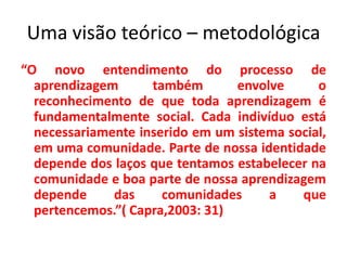 Uma visão teórico – metodológica
“O novo entendimento do processo de
aprendizagem também envolve o
reconhecimento de que toda aprendizagem é
fundamentalmente social. Cada indivíduo está
necessariamente inserido em um sistema social,
em uma comunidade. Parte de nossa identidade
depende dos laços que tentamos estabelecer na
comunidade e boa parte de nossa aprendizagem
depende das comunidades a que
pertencemos.”( Capra,2003: 31)
 