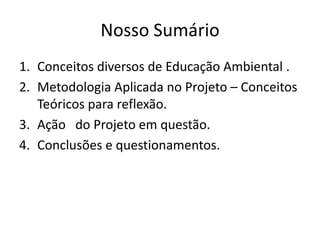 Nosso Sumário
1. Conceitos diversos de Educação Ambiental .
2. Metodologia Aplicada no Projeto – Conceitos
Teóricos para reflexão.
3. Ação do Projeto em questão.
4. Conclusões e questionamentos.
 