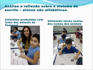 Análise e reflexão sobre o sistema de
escrita – alunos não alfabéticos.
Caixinhas produzidas com
fotos dos animais do
Pantanal

Utilizando letras exatas
dos nomes dos animais

 