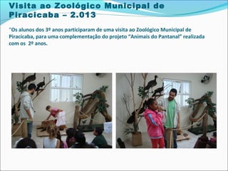 Visita ao Zoológico Municipal de
Piracicaba – 2.013
“Os alunos dos 3º anos participaram de uma visita ao Zoológico Municipal de
Piracicaba, para uma complementação do projeto “Animais do Pantanal” realizada
com os 2º anos.

 
