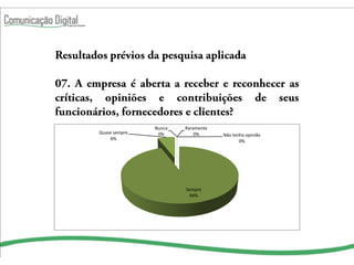 Nunca   Raramente
Quase sempre    0%         0%      Não tenho opinião
    6%
                                          0%




                        Sempre
                         94%
 