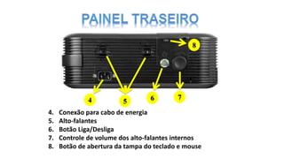 4. Conexão para cabo de energia
5. Alto-falantes
6. Botão Liga/Desliga
7. Controle de volume dos alto-falantes internos
8. Botão de abertura da tampa do teclado e mouse
4 5 6 7
8
 