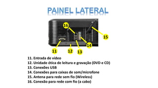 11. Entrada de vídeo
12. Unidade ótica de leitura e gravação (DVD e CD)
13. Conexões USB
14. Conexões para caixas de som/microfone
15. Antena para rede sem fio (Wireless)
16. Conexão para rede com fio (a cabo)
11 12 13
14
15
16
 