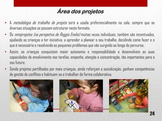 Área dos projetos
• A metodologia de trabalho de projeto será a usada preferencialmente na sala, sempre que as
diversas situações se possam estruturar neste formato;
• Os miniprojetos (na perspetiva de Reggio Emilia) muitas vezes individuais, também são incentivados,
ajudando as crianças a ter iniciativa, a aprender a planear o seu trabalho, decidindo como fazer e o
que é necessário e resolvendo os pequenos problemas que vão surgindo ao longo do percurso;
• Assim, as crianças conquistam maior autonomia e responsabilidade e desenvolvem as suas
capacidades de envolvimento nas tarefas, empenho, atenção e concentração, tão importantes para o
seu futuro;
• Sendo projetos partilhados por mais crianças, ainda reforçam a socialização, ganham competências
de gestão de conflitos e habituam-se a trabalhar de forma colaborativa.

24

 