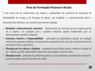 Área de Formação Pessoal e Social
É uma vasta área de conhecimento que integra a complexidade dos processos de construção da
individualidade da criança e da formação de valores, cuja finalidade é o desenvolvimento pleno e
harmonioso dos indivíduos, num mundo em permanente mudança:
• Identidade e desenvolvimento emocional - favorecimento da construção de uma imagem positiva

de si própria e de condições para o equilíbrio emocional, aspetos fundamentais para um
desenvolvimento saudável e adaptado.
• Autonomia, Iniciativa e Responsabilidade - valorização da independência pessoal, da resolução
autónoma de pequenos problemas, da assunção de consequências dos seus atos e desenvolvimento de
um espírito crítico e interventivo.
• Educação para os valores e cidadania - promoção de bons hábitos sociais, incentivo a atitudes de
paz, respeito, partilha, solidariedade, democracia, participação e espírito crítico.
• Educação sexual - promoção da igualdade de género e de oportunidades e prevenção do preconceito
quanto aos papéis sociais do homem e da mulher.

28

 