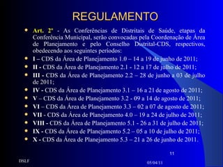 REGULAMENTO Art. 2º  - As Conferências de Distritais de Saúde, etapas da Conferência Municipal, serão convocadas pela Coordenação de Área de Planejamento e pelo Conselho Distrital-CDS, respectivos, obedecendo aos seguintes períodos: I –  CDS da Área de Planejamento 1.0 – 14 a 19 de junho de 2011; II -  CDS da Área de Planejamento 2.1 - 12 a 17 de julho de 2011; III -  CDS da Área de Planejamento 2.2 – 28 de junho a 03 de julho de 2011; IV   -  CDS da Área de Planejamento 3.1 – 16 a 21   de agosto de 2011; V  – CDS da Área de Planejamento 3.2 - 09 a 14 de agosto de 2011; VI  – CDS da Área de Planejamento 3.3 – 02 a 07 de agosto de 2011; VII  - CDS da Área de Planejamento 4.0 – 19 a 24 de julho de 2011; VIII -  CDS da Área de Planejamento 5.1 - 26 a 31 de julho de 2011; IX -  CDS da Área de Planejamento 5.2 – 05 a 10 de julho de 2011; X -  CDS da Área de Planejamento 5.3 – 21 a 26 de junho de 2011. 05/04/11 DSLF 