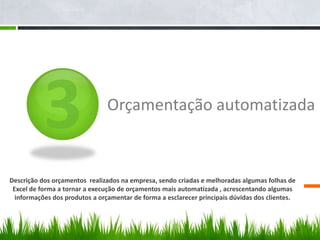 3Orçamentação automatizadaDescrição dos orçamentos  realizados na empresa, sendo criadas e melhoradas algumas folhas de Excel de forma a tornar a execução de orçamentos mais automatizada , acrescentando algumas informações dos produtos a orçamentar de forma a esclarecer principais dúvidas dos clientes.12