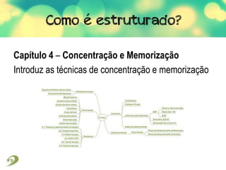 Capítulo 4 – Concentração e Memorização
Introduz as técnicas de concentração e memorização
 