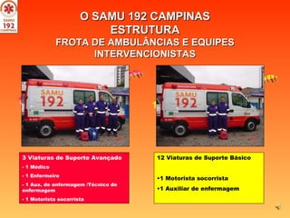 O SAMU 192 CAMPINAS ESTRUTURA FROTA DE AMBULÂNCIAS E EQUIPES INTERVENCIONISTAS 3 Viaturas de Suporte Avançado - 1 Médico  - 1 Enfermeiro - 1 Aux. de enfermagem /Técnico de enfermagem - 1 Motorista socorrista 12 Viaturas de Suporte Básico 1 Motorista socorrista 1 Auxiliar de enfermagem VSA 1 Viatura /350.000 Hab. VSB 1 Viatura /100.000 Hab. 