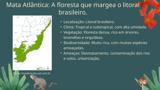 • Localização: Litoral brasileiro.
• Clima: Tropical e subtropical, com alta umidade.
• Vegetação: Floresta densa, rica em árvores,
bromélias e orquídeas.
• Biodiversidade: Muito rica, com muitas espécies
ameaçadas.
• Ameaças: Desmatamento, contaminação dos rios
e solos, urbanização.
Mata Atlântica: A floresta que margea o litoral
brasileiro.
Fonte: brasilescola.uol.com.br
 
