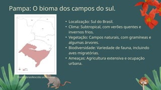 • Localização: Sul do Brasil.
• Clima: Subtropical, com verões quentes e
invernos frios.
• Vegetação: Campos naturais, com gramíneas e
algumas árvores.
• Biodiversidade: Variedade de fauna, incluindo
aves migratórias.
• Ameaças: Agricultura extensiva e ocupação
urbana.
Pampa: O bioma dos campos do sul.
Fonte: brasilescola.uol.com.br
 