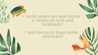 • Vocês sabem em qual bioma
o Estado do Acre está
localizado?
• qual bioma do brasil vocês
conhecem?
 