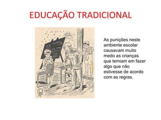 EDUCAÇÃO TRADICIONAL
As punições neste
ambiente escolar
causavam muito
medo as crianças
que temiam em fazer
algo que não
estivesse de acordo
com as regras.
 