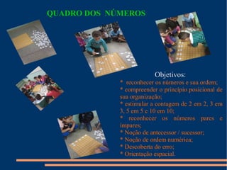 QUADRO DOS NÚMEROS 
Objetivos: 
* reconhecer os números e sua ordem; 
* compreender o princípio posicional de 
sua organização; 
* estimular a contagem de 2 em 2, 3 em 
3, 5 em 5 e 10 em 10; 
* reconhecer os números pares e 
ímpares; 
* Noção de antecessor / sucessor; 
* Noção de ordem numérica; 
* Descoberta do erro; 
* Orientação espacial. 
 