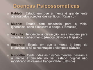 Doenças PsicossomáticasKshipta: Estado em que a mente é grandemente atraída pelos objectos dos sentidos. (Rajásico)Mudha: Estado com tendência para o vício, ignorância, sono excessivo e apego. (Tamásico)Viksipta: Tendência à distracção, mas também para virtude e conhecimento.(Ambos Sátvico e Rajásico)Ekagrata: Estado em que a mente é limpa de impurezas e há concentração prolongada (Sátvica)Niroddha: Onde todas as funções mentais  cessam e a mente é deixada no seu estado original não modificado de calma e tranquilidade. (Sátvico)