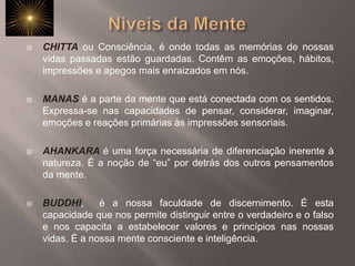 Niveis da MenteCHITTA ou Consciência, é onde todas as memórias de nossas vidas passadas estão guardadas. Contêm as emoções, hábitos, impressões e apegos mais enraizados em nós. MANAS é a parte da mente que está conectada com os sentidos. Expressa-se nas capacidades de pensar, considerar, imaginar, emoções e reações primárias às impressões sensoriais. AHANKARAé uma força necessária de diferenciação inerente à natureza. É a noção de “eu” por detrás dos outros pensamentos da mente. BUDDHI,  é a nossa faculdade de discernimento. É esta capacidade que nos permite distinguir entre o verdadeiro e o falso e nos capacita a estabelecer valores e princípios nas nossas vidas. É a nossa mente consciente e inteligência. 