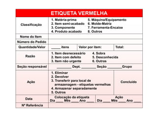 ETIQUETA VERMELHA
1. Matéria-prima 5. Máquina/Equipamento
2. Item semi-acabado 6. Molde-Matriz
3. Componente 7. Ferramenta-Encaixe
4. Produto acabado 8. Outros
_____ itens Valor por item: Total:
1. Item desnecessário 4. Sobra
2. Item com defeito 5. Desconhecida
3. Item não urgente 6. Outras
________ Dept. ________ Seção ________Grupo
1. Eliminar
2. Devolver
3. Transferir para local de
armazenagem - etiquetas vermelhas
4. Armazenar separadamente
5. Outros
Classificação
Nome do Item
Número do Pedido
Quantidade/Valor
Razão
Seção responsável
Ação
Data
Nº Referência
Concluído
Colocação da etiqueta
Dia ____ Mês ____ Ano ____
Ação
Dia ____ Mês ____ Ano ____
 