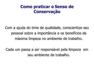 Como praticar o Senso de
Conservação
Com a ajuda do time de qualidade, conscientize seu
pessoal sobre a importância e os benefícios da
máxima limpeza no ambiente de trabalho.
Cada um passa a ser responsável pela limpeza em
seu ambiente de trabalho.
 