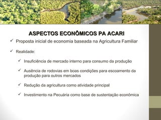 ASPECTOS ECONÔMICOS PA ACARI
 Proposta inicial de economia baseada na Agricultura Familiar

 Realidade:

    Insuficiência de mercado interno para consumo da produção

    Ausência de rodovias em boas condições para escoamento da
     produção para outros mercados

    Redução da agricultura como atividade principal

    Investimento na Pecuária como base de sustentação econômica
 