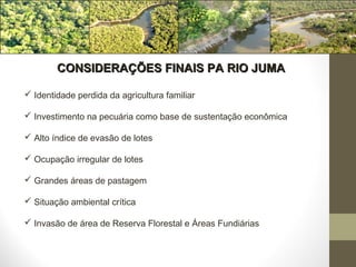 CONSIDERAÇÕES FINAIS PA RIO JUMA

 Identidade perdida da agricultura familiar

 Investimento na pecuária como base de sustentação econômica

 Alto índice de evasão de lotes

 Ocupação irregular de lotes

 Grandes áreas de pastagem

 Situação ambiental crítica

 Invasão de área de Reserva Florestal e Áreas Fundiárias
 