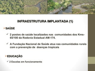 INFRAESTRUTURA IMPLANTADA (1)

SAÚDE

  2 postos de saúde localizados nas comunidades dos Kms-
   65/100 da Rodovia Estadual AM-174.

  A Fundação Nacional de Saúde atua nas comunidades rurais
   com a prevenção de doenças tropicais


EDUCAÇÃO

  2 Escolas em funcionamento
 